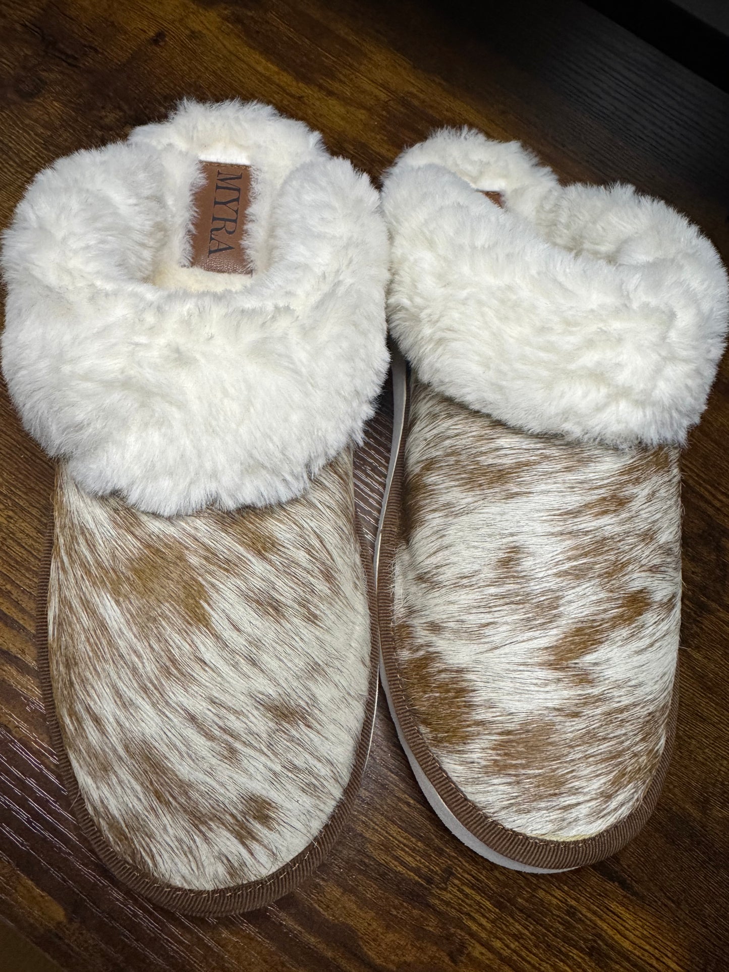 Alamosa Hair-On Hide Lined Slippers - Brown/White