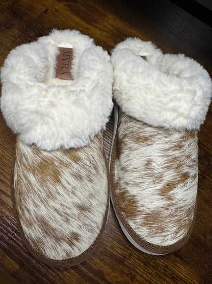 Alamosa Hair-On Hide Lined Slippers - Brown/White