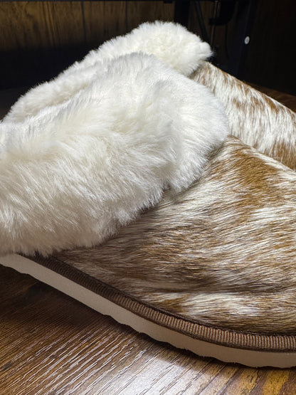 Alamosa Hair-On Hide Lined Slippers - Brown/White