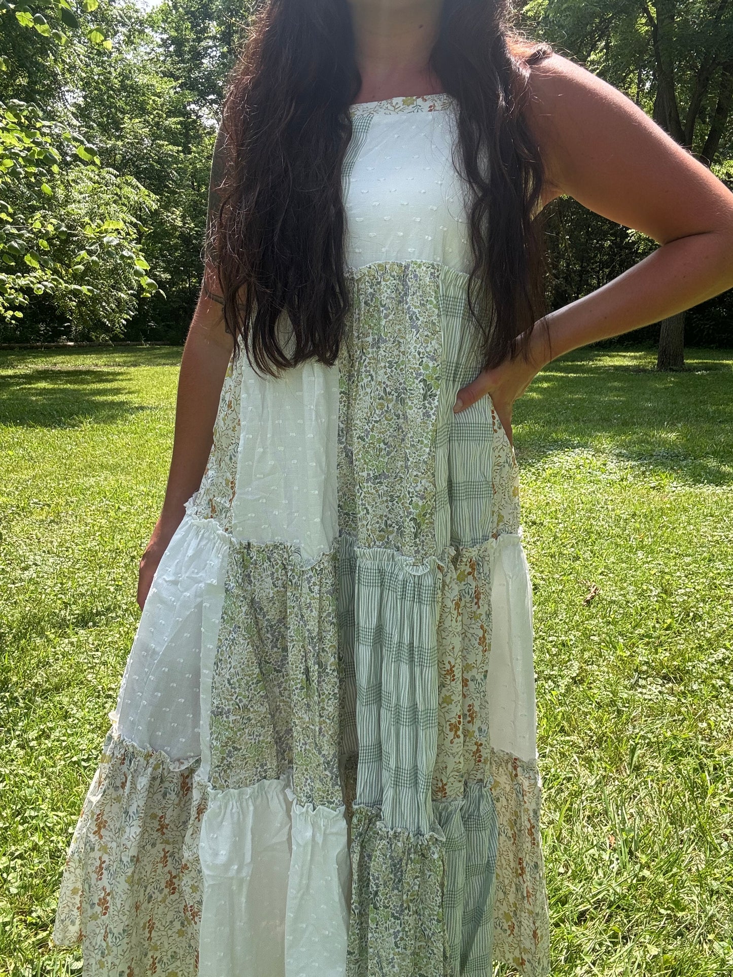 Patchwork Tie-Shoulder Tiered Maxi Dress
