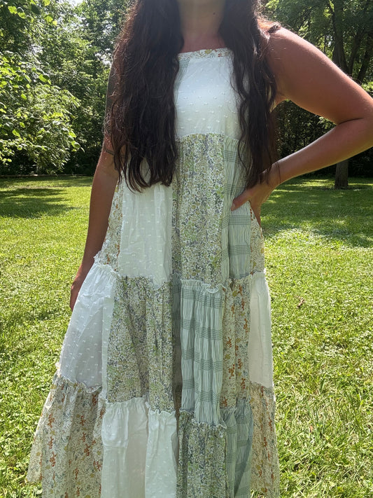 Patchwork Tie-Shoulder Tiered Maxi Dress