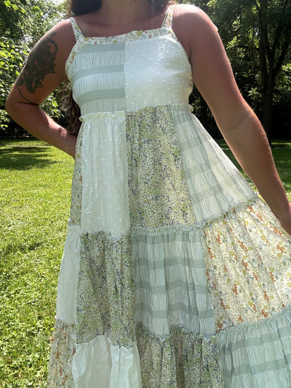 Patchwork Tie-Shoulder Tiered Maxi Dress