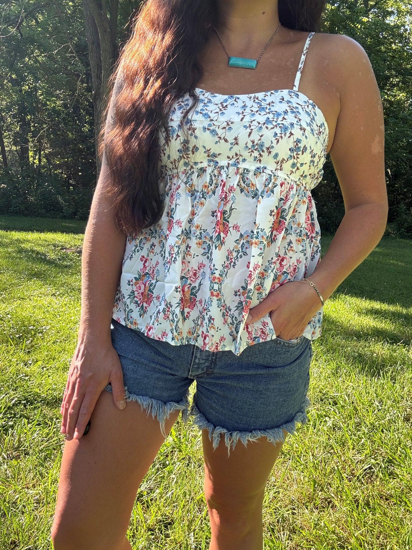 Floral Patchwork Spaghetti Straps Babydoll Top