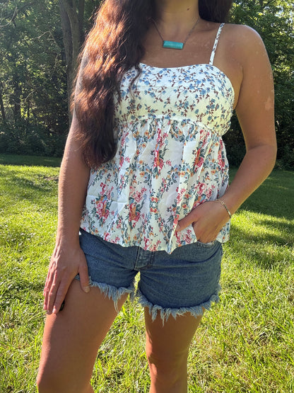 Floral Patchwork Spaghetti Straps Babydoll Top