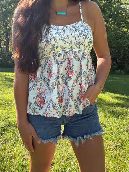 Floral Patchwork Spaghetti Straps Babydoll Top
