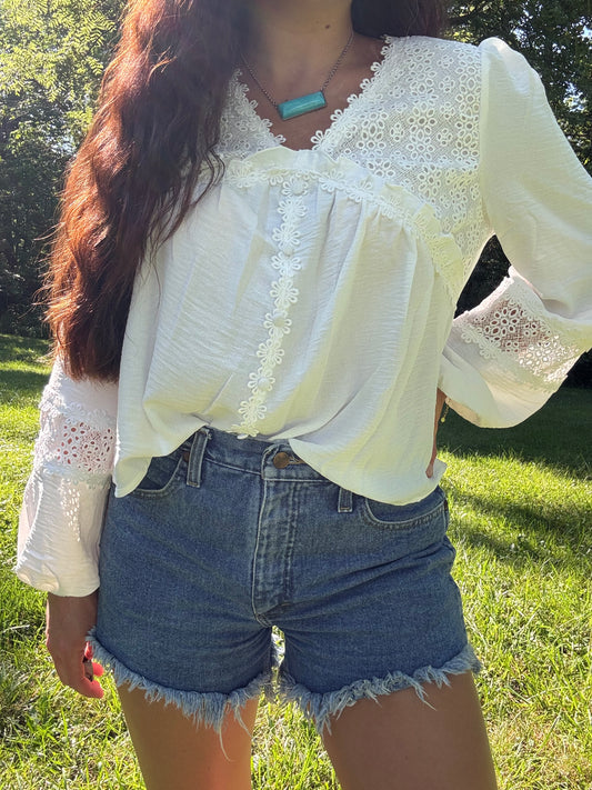 Floral Lace Patchwork Frilled Long Sleeve Blouse