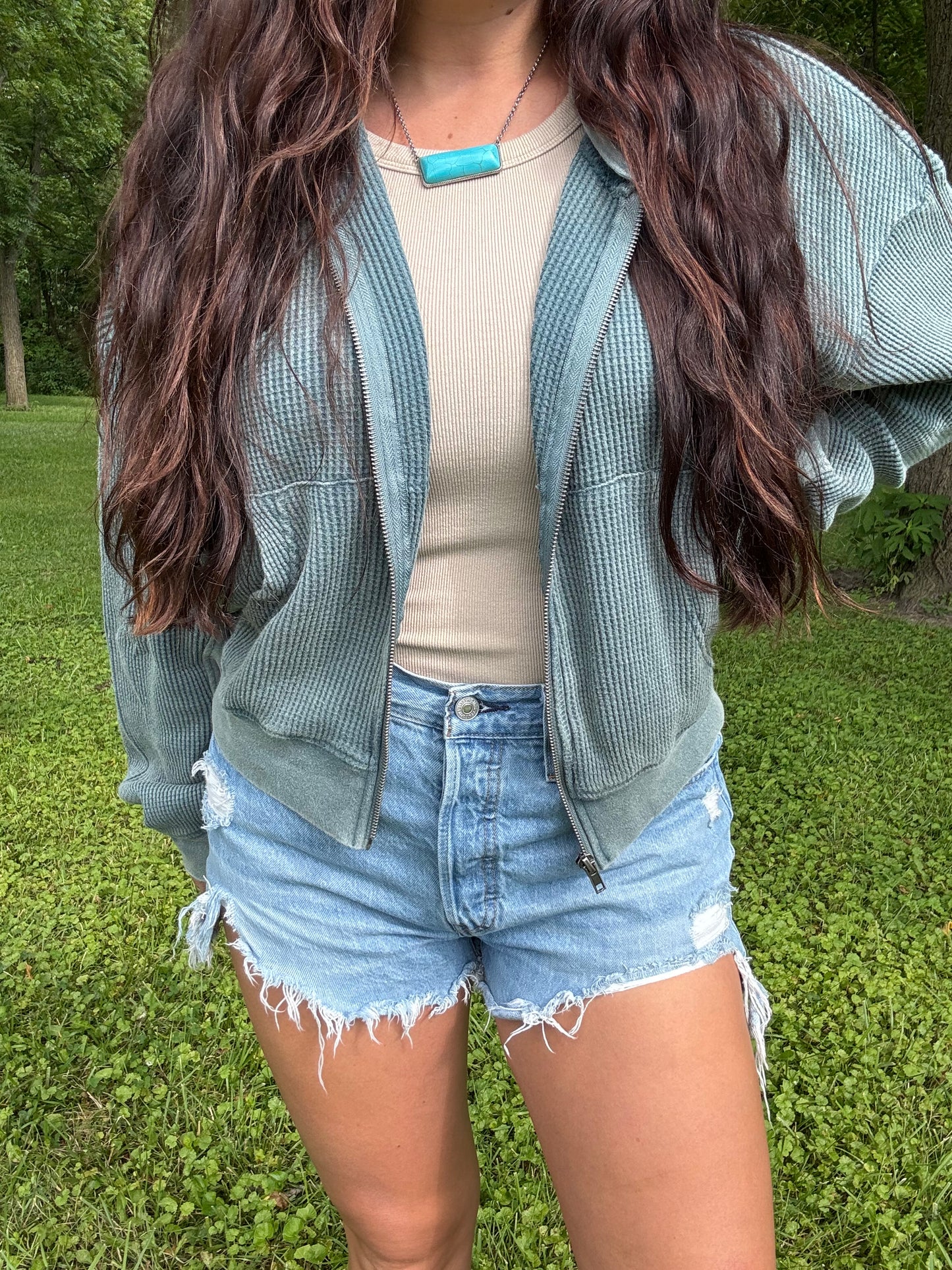 Acid Wash Waffle Knit Zip-Up Hoodie