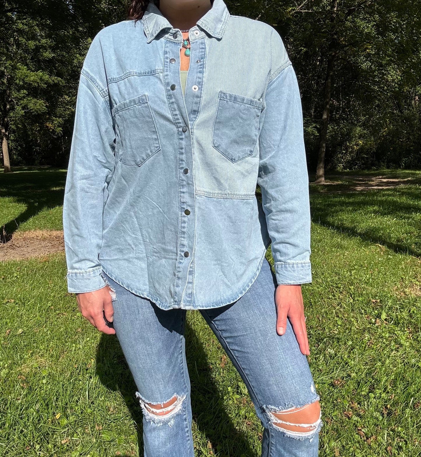Denim Patchwork Button Down Shacked