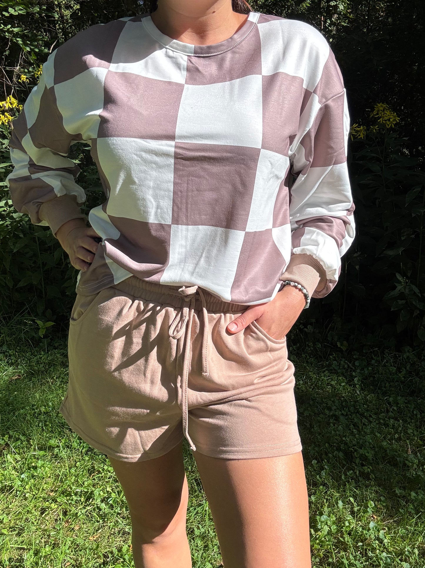 Checkered Top & Drawstring Shorts Lounge Set