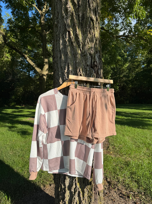 Checkered Top & Drawstring Shorts Lounge Set