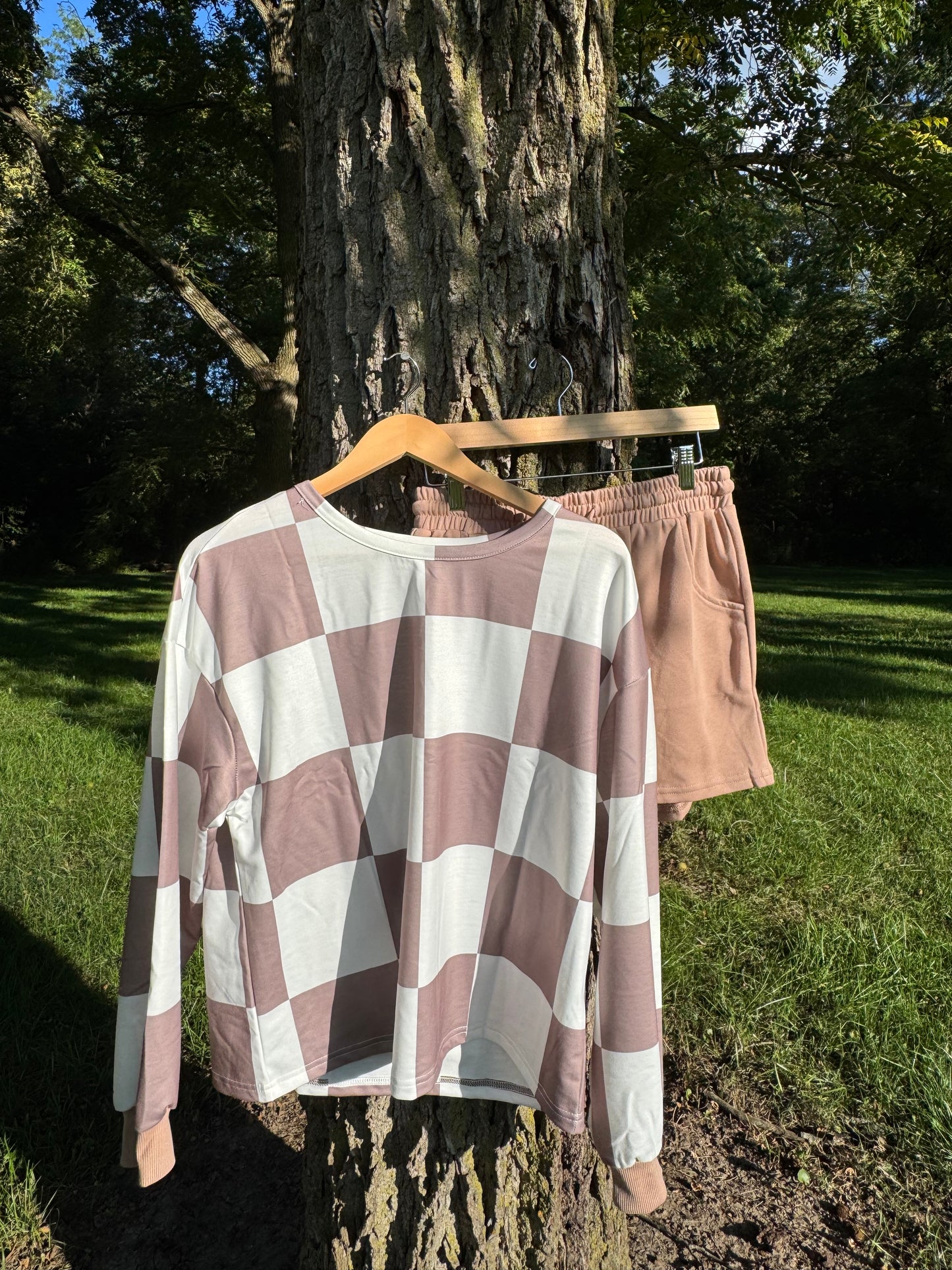 Checkered Top & Drawstring Shorts Lounge Set