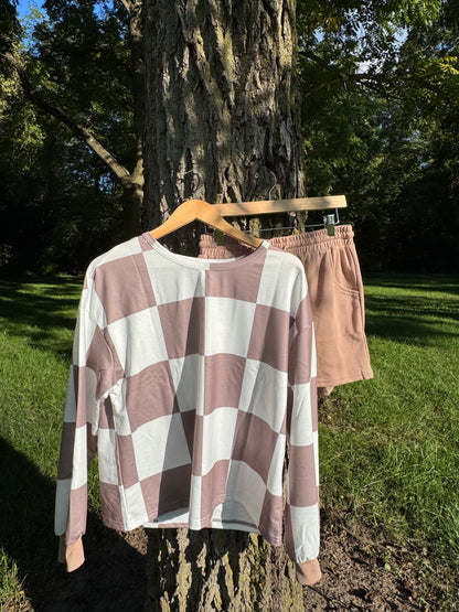 Checkered Top & Drawstring Shorts Lounge Set