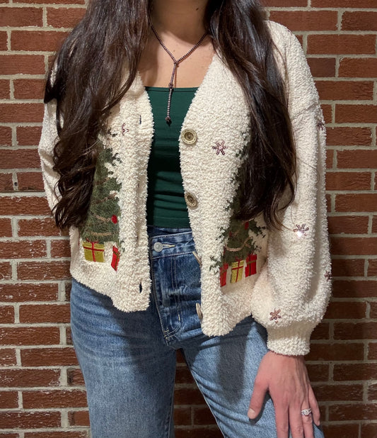 Christmas Tree Embroidered Cardigan