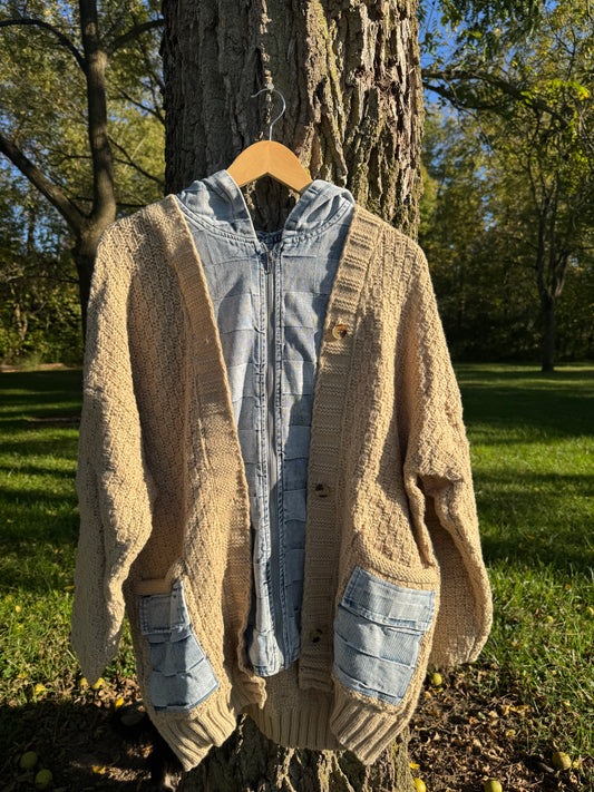Checker Denim Zip Up Sweater Cardigan
